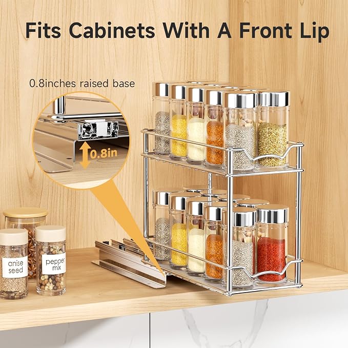 MUDEELA Pull Out Spice Rack for Inside Cabinet, 2 Tier Chrome Spice Organization for Cabinet, Vertical Sliding Out Spice Rack Organizer for Seasoning, 10.4''D×4.8''W×9.3''H - Image 3