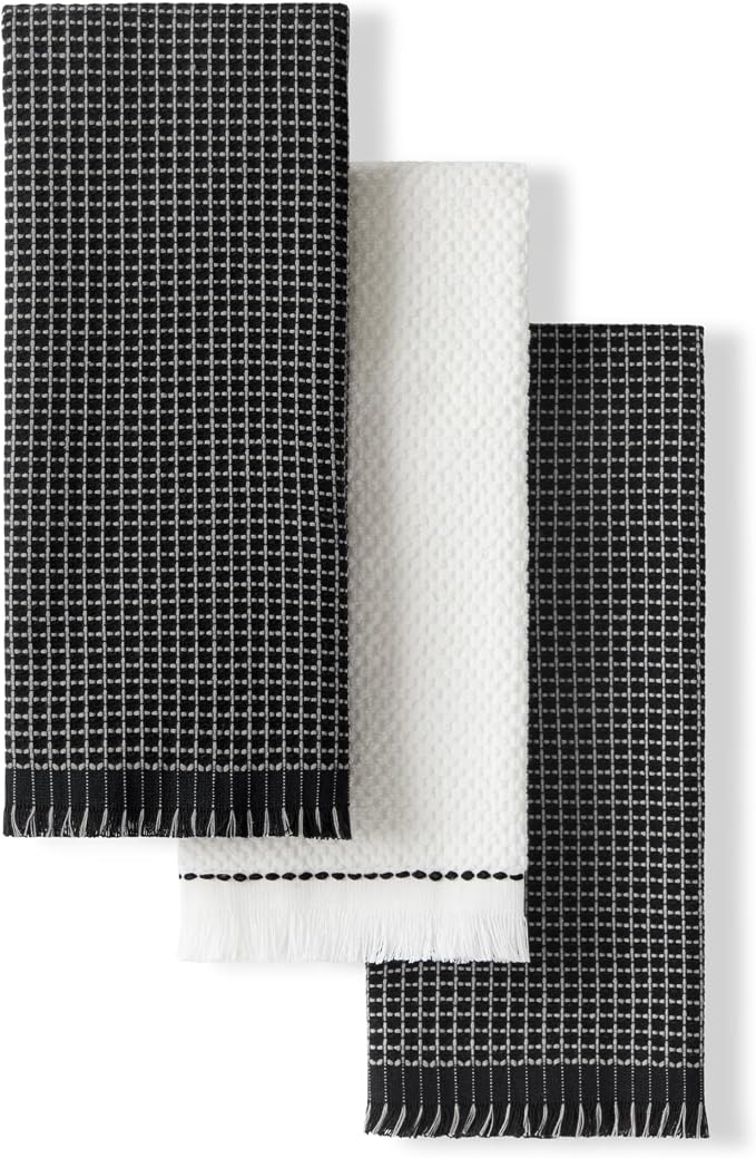 KitchenAid Gourmet Series Gridlines Kitchen Towels 3-Pack Set, 100% Cotton Absorbent, Matte Black, 18"x28" by KitchenAid