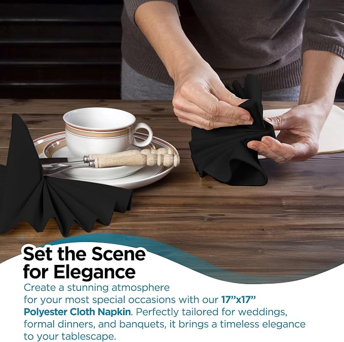 50 pcs Black 17"x17" Polyester Cloth Napkins | Premium, soft, & durable square linen napkins, perfect for weddings, dining, restaurants, & parties. Washable. - Image 6