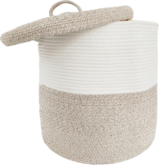 Large Storage Basket with Lid 60L, 16"Wx18"H Woven Laundry Hamper Basket with Handle, Room Decor Cotton Rope Wicker Basket Toy Organizer Bins for Clothes Blankets Pillows, Beige/White Mix includes Lid by JIABOLANG