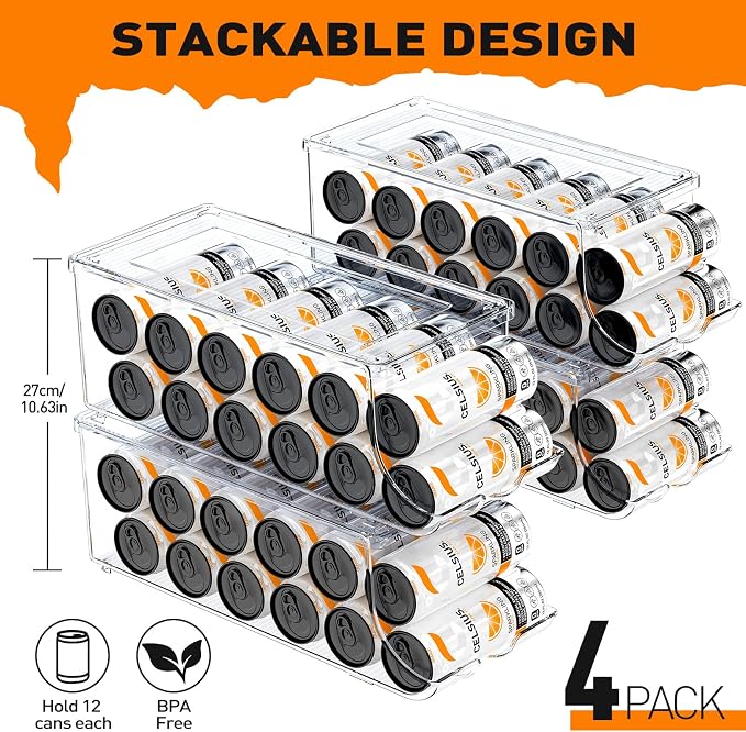 SCAVATA 4 Pack Skinny Can Organizer for Refrigerator, Stackable Tall Skinny Soda Pop Can Holder Dispenser with Lid for Fridge Pantry Rack Freezer, Clear Plastic Storage Bins-Holds 12 Slim Cans Each - Image 2