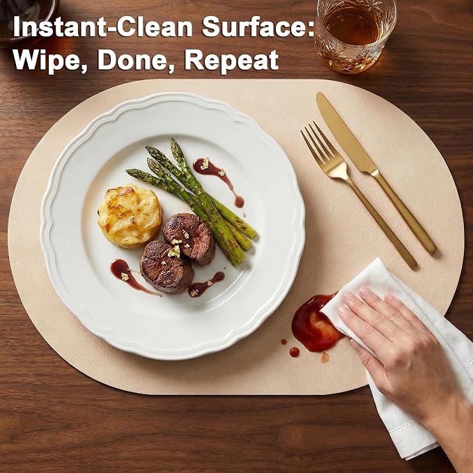 Placemats, Oval Placemats 2mm Ultra Thick Faux Leather Table Mats, Heat Resistant Waterproof Wipeable Dining Mats for Kitchen Table, Set of 4, Beige - Image 4