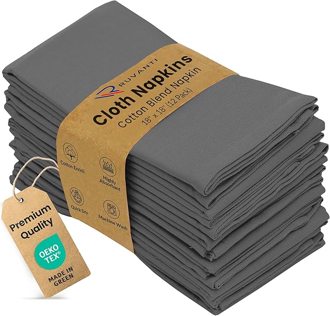 Ruvanti Cloth Napkin Set of 12, 18x18 Inch Soft & Absorbent Cotton Enrich Dinner Napkins for Hotel, Wedding Parties, Napkin-Everyday -Charcoal Grey by Ruvanti