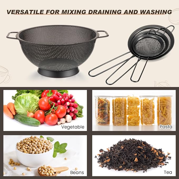 Norme 4 Quart Stainless Steel Black Colander and 3 Pcs Black Fine Mesh Strainer, Stainless Steel Pasta Rice Food Metal Strainer with Handles, Easy Clean and Dishwasher Safe - Image 3