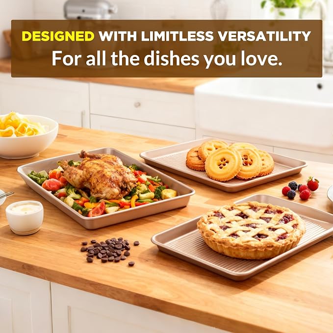 Saker 3-Piece Heavy Duty Carbon Steel Baking Sheets Set,Non-Stick Cookie | | Oven Safe, Even Heating, for Baking, Roasting, Cooking – Professional Grade (Champagne Gold) - Image 4