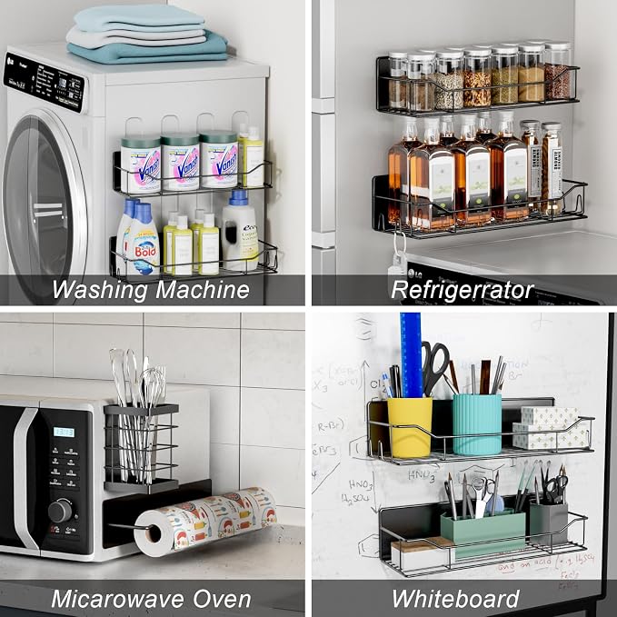 Magnetic Spice Rack for Refrigerator,8 Pack Magnetic Fridge Shelf, Moveable Spice Organizer with Hook Rack, Paper Towel Holder, Utensil Holder,cup lid holder, Super Magnetic Rack Set (Black) - Image 7