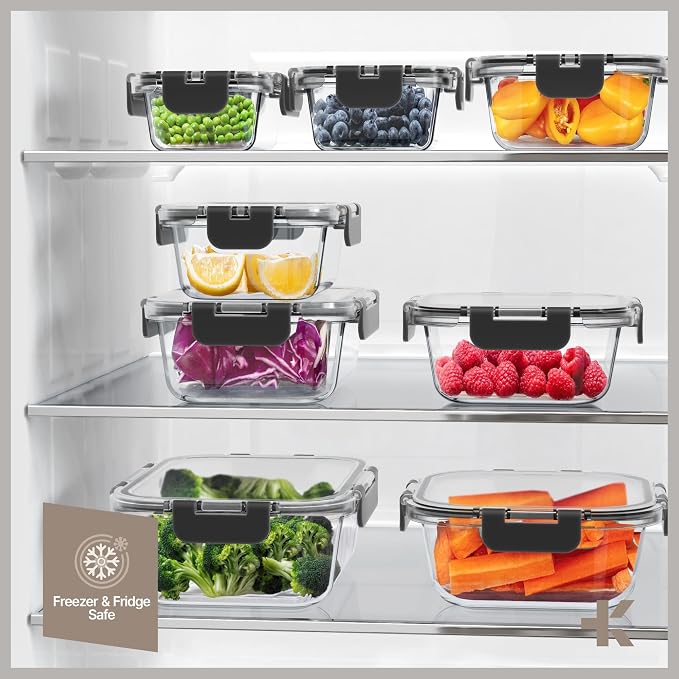 Bakken Borosilicate Glass Food Storage Containers with Lids 16 Pieces, BPA-Free Stackable Lunch & Leftover Containers, Microwave, Freezer & Dishwasher Safe, 100% Airtight Leak-Proof, Black - Image 10