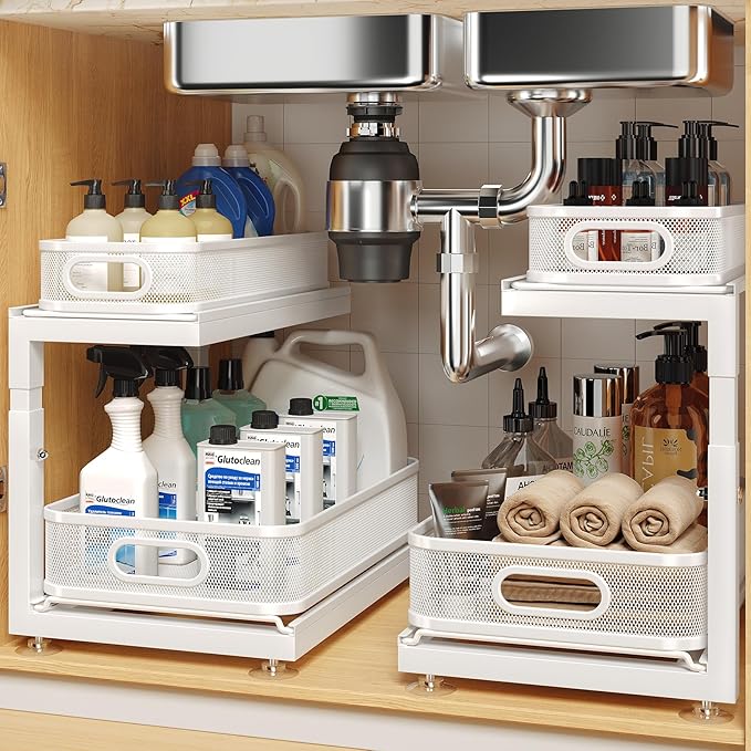 2-Pack Under Sink Storage Organizer with 2-Tier Slide Out Drawer, Sophisticated Mesh Pull Out Shelf for Kitchen & Bathroom, Fits Small Items, Upgraded Arched Track for Smooth Gliding(Patented) by UnderSinkOrganizer