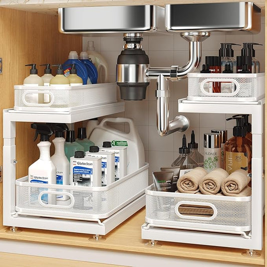 2-Pack Under Sink Storage Organizer with 2-Tier Slide Out Drawer, Sophisticated Mesh Pull Out Shelf for Kitchen & Bathroom, Fits Small Items, Upgraded Arched Track for Smooth Gliding(Patented) by UnderSinkOrganizer