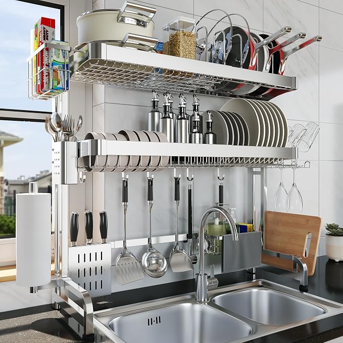 LIVOD Over The Sink Dish Drying Rack,3 Tier Adjustable Length Full Stainless Steel Large Storage Kitchen Dish Rack,for Kitchen Counter Expandable Multifunctional Organizers,Silver (25.98-37.6") by LIVOD