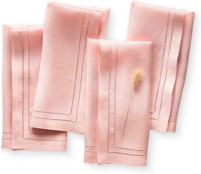 Linen Napkins 20 x 20 inch - 100% Flax Linen Light Pink Dinner Napkins Set of 4 - Hemstitch Cloth Napkin Washable Perfect for Easter, Spring Decor and Wedding by OlucioAuthentiqueHome
