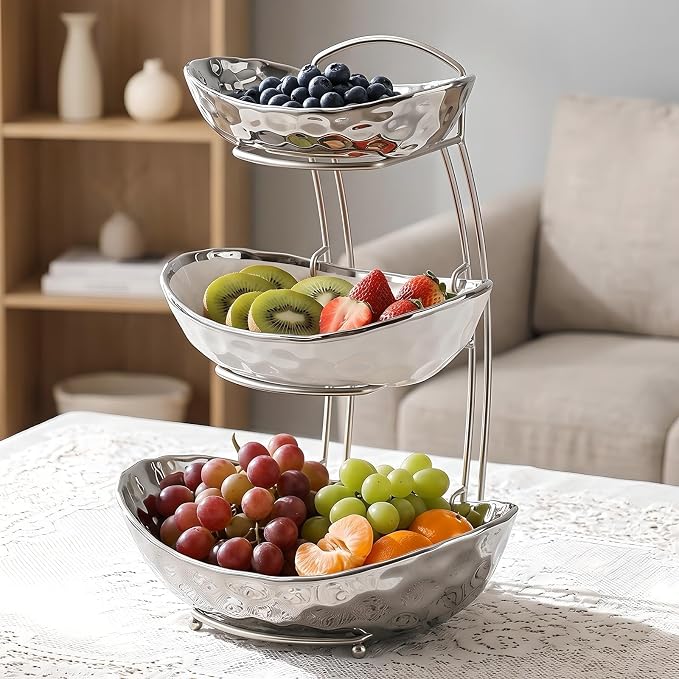 XUDREZ 2 Tier/ 3 Tier Fruit Bowl with Metal Stand for Kitchen Counter, Ceramic Gold Silver White, Portable Tiered Fruit Basket Fruit Rack for Nuts, Snacks, Bread, Candy Storage (Silver B, 3 Tier) - Image 3