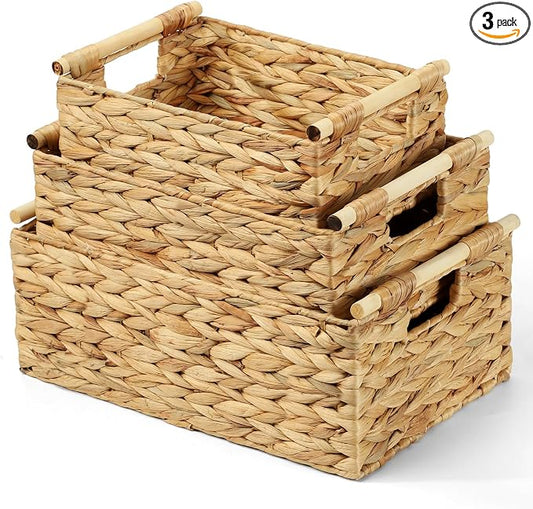 Wicker Storage Baskets for Organizing 3 Pack,Natural Water Hyacinth Ratten Baskets with Wooden Handles, Decorative Handwoven Storage Baskets for Shelves, Bathroom, Pantry or Kitchen by WickerStorageBaskets