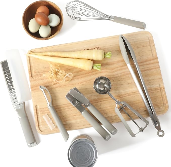 Calphalon Edge 6-Piece Stainless Steel Kitchen Tool & Gadget Set, Kitchen Utensil Set with Silicone Accent, Can opener, Straight peeler, Grater, Tongs, Balloon whisk and Scoop (Taupe) - Image 2