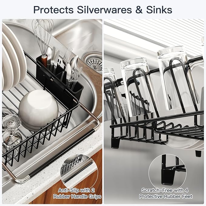 Dish Drying Rack Over The Sink with Utensil Holder, Drainboard | Expandable Stainless Steel Dish Drainer for Small Kitchen, Apartment, RV, Counter Space Saving, Perfect Fit, Rustproof - Image 6