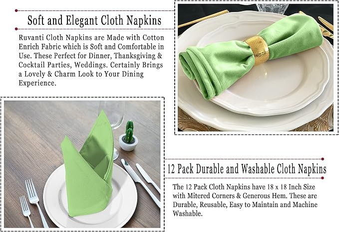Ruvanti Cloth Napkins Set of 12, 18x18 Inches Napkins Cloth Washable, Soft, Durable, Absorbent, Cotton Blend. Table Dinner Napkins Cloth for Hotel, Lunch, Restaurant, Wedding Parties - Light Green - Image 5