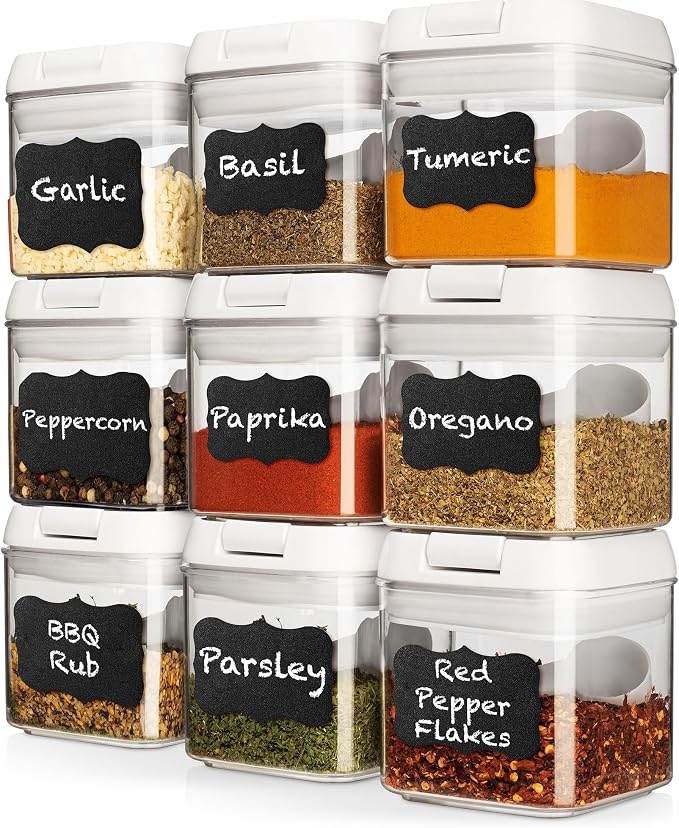Shazo 9 PC Airtight Food Storage Containers - BPA Free Clear Plastic Snack & Spice Containers with Easy Lock Lids - Kitchen and Pantry Organization for Herbs, Coffee, Tea - 0.5L / 2.1 Cups by Shazo
