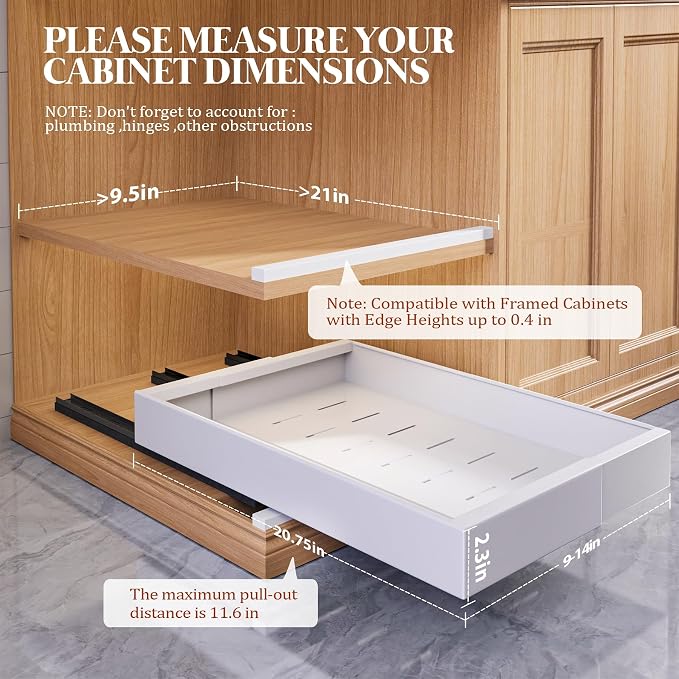 Seinloes 4 Pack Expandable Pull Out Cabinet Organizer 21" Deep With Raising Pad for Framed Cabinets,Upgrade 3 Slide Rails Slide Out Drawers,No Drill Roll Out Shelves,Adjustable Width 9"-14" White - Image 3