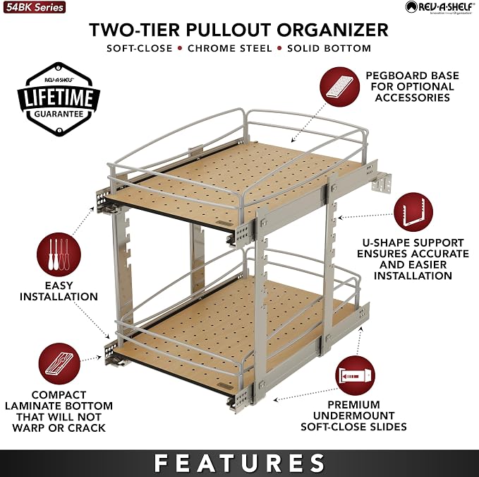 Rev-A-Shelf 2 Tier Pull Out Kitchen Cabinet Storage Organizer with Solid Bottom & Undermount Soft-Close Full Extension Slides, Min Opening Width of 14", 54BK-15SC-2-1 - Image 3