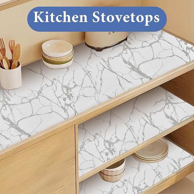 Drawer and Shelf Liner for Kitchen Cabinet: 12 in X 20 Ft Non Slip | Waterproof Shelf Paper Non Adhesive Refrigerator Liners Silver Marble Easy Liners for Bathroom with Knife Tape Measure - Image 6