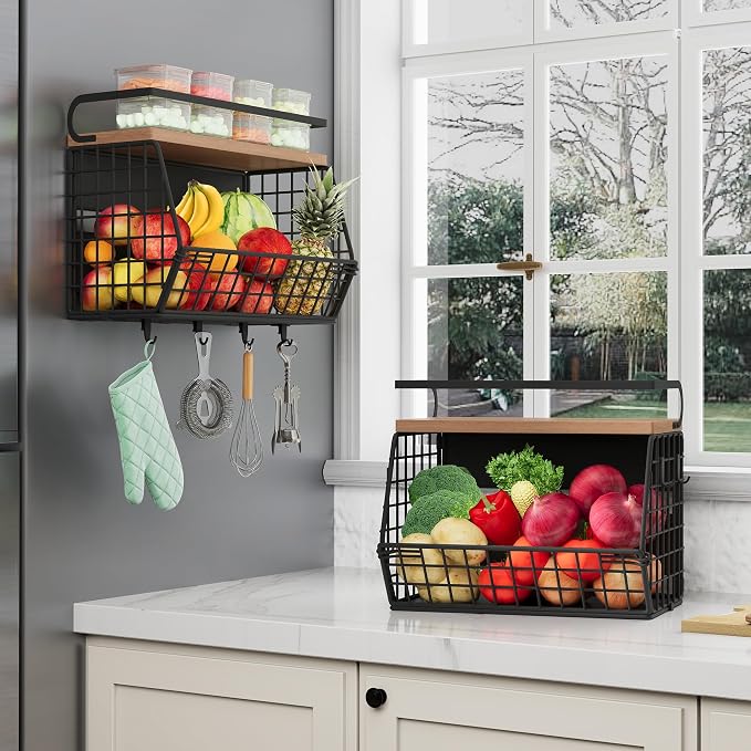 Fruit Basket 2 IN 1 Magnetic & Hanging Wall Produce Basket with Spice Rack for Potato and Onion Storage for Pantry,Kitchen Countertop and Fridge Organizer 2 PCS - Image 2