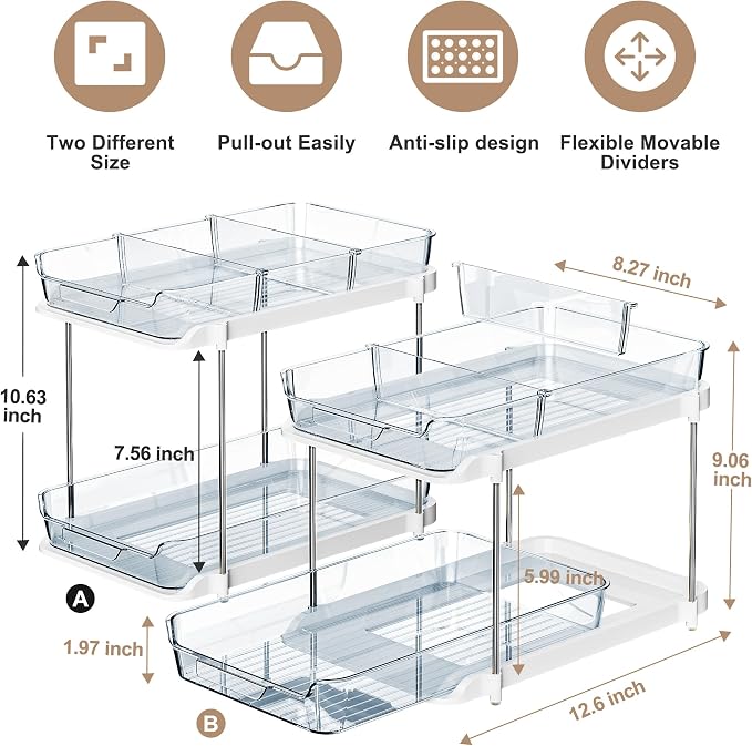 Delamu 2-Tier Multi-Purpose Bathroom Under Sink Organizers and Storage, Stackable Kitchen Pantry Organization, Pull Out Medicine Cabinet Organizer with Movable Dividers, Blue, 2 Pack - Image 2