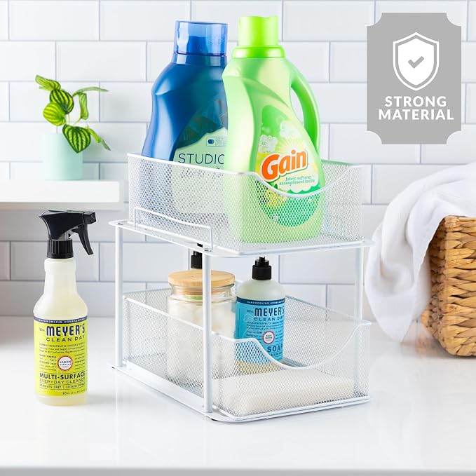 Sorbus 2 Tier Under Sink Bathroom Organizers and Storage, Strong Steel Mesh Sliding Drawers for Enhanced Bathroom Storage Ideal Bathroom Organization and Storage & Under Kitchen Sink Organizer (White) - Image 6