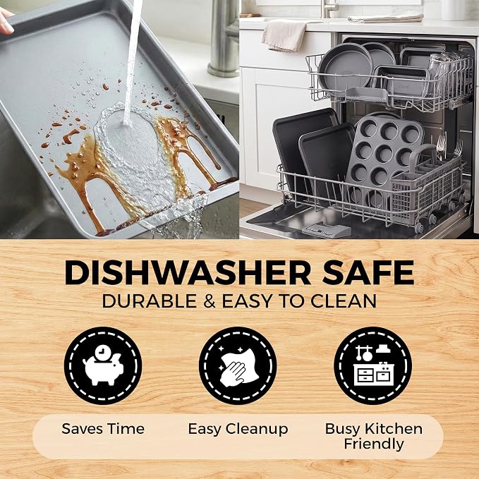 Non-Stick 8-Piece Bakeware Set – Carbon Steel with Even Heat Distribution, Oven Safe to 446°F, BPA-Free, Dishwasher Safe, Stackable Baking Tools for Easy Storage and Everyday Cooking - Gray - Image 4