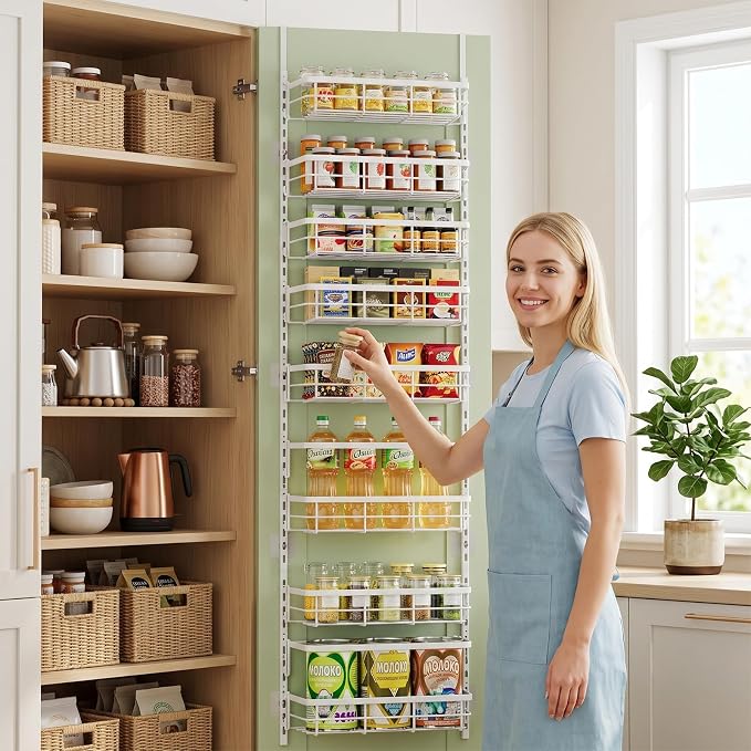 Apinol Over The Door Pantry Organizer, 8 Tier Adjustable Pantry Door Organization and Storage, Spice Rack with Hooks Mounted Shelves for Pantry Kitchen Essentials, White - Image 8