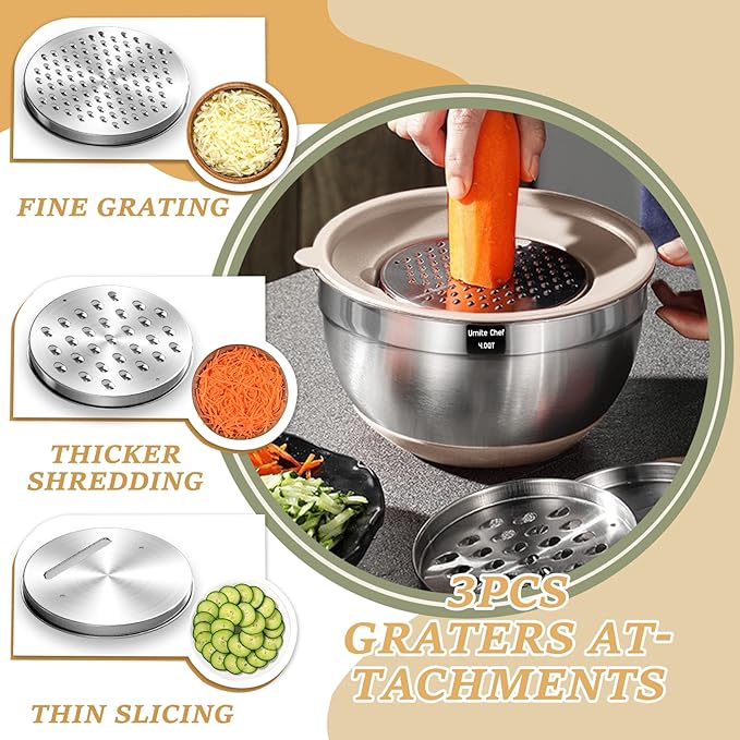 Mixing Bowls with Airtight Lids Set, 26PCS Stainless Steel Khaki Bowls with Grater Attachments, Non-Slip Bottoms & Kitchen Gadgets Set, Size 7, 4, 2.5, 2.0,1.5, 1QT, Great for Mixing & Serving - Image 3