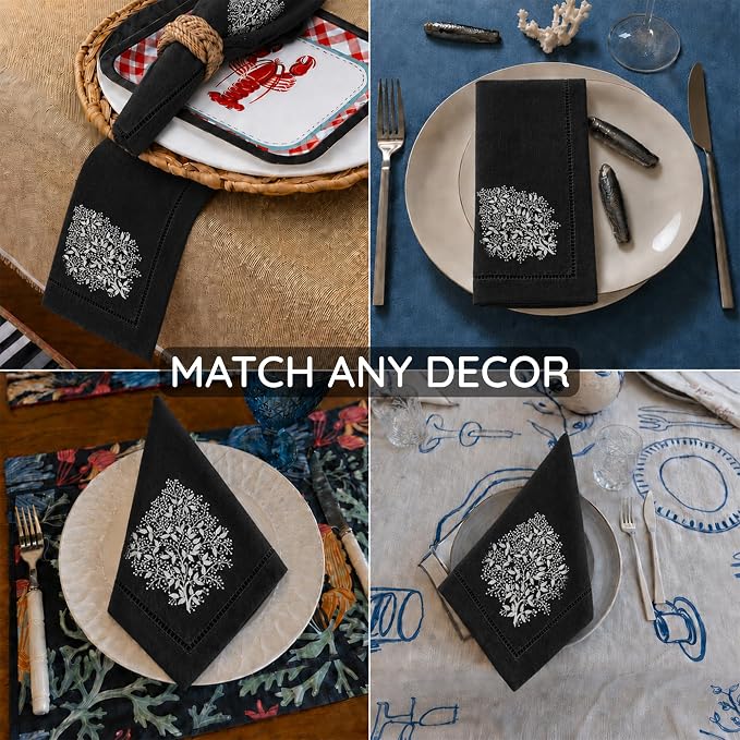Cloth Napkins Set of 4, 20x20 inch, 100% Linen Hand Embroidered French Knot, Reusable & Machine Washable, Elegant Table Napkins for Dinner, Weddings, Parties (Black) - Image 6