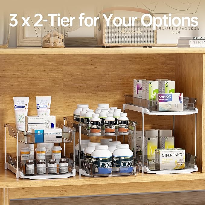 Delamu 2 Pack 3-Tier Bathroom Under Sink Organizers and Storage, Multi-Purpose Stackable Pantry Organization and Storage, Pull Out Clear Kitchen Bathroom Cabinet Organizer with Movable Dividers, Grey - Image 4