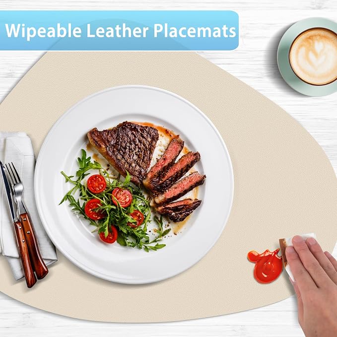 Faux Leather Placemats Set of 8, Wipeable & Washable Table Mats | Waterproof, Heat-Resistant & Easy to Clean Round Place Mats for Dining & Kitchen, 17''x13'', Beige - Image 3