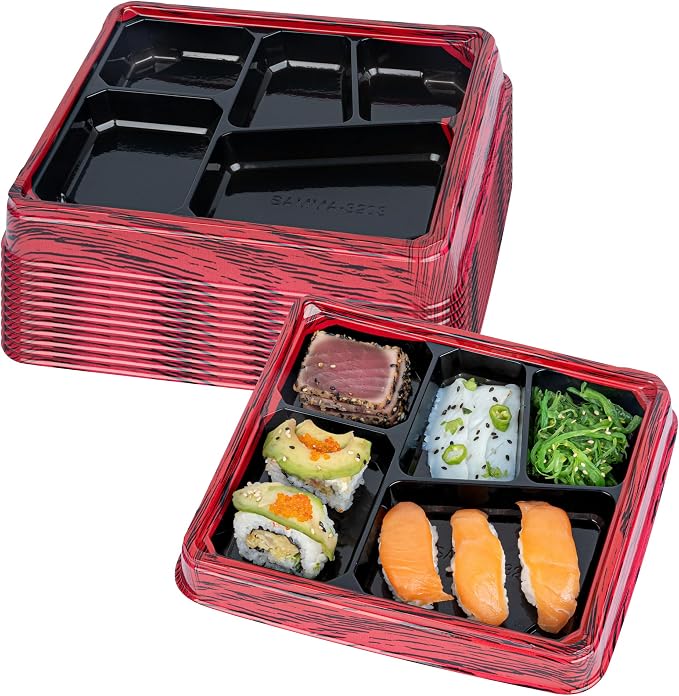 Restaurantware-Bento Tek 18.3 Ounce Meal Prep Containers, 50 Disposable To Go Food Boxes - Lids Sold Separately, 5 Compartments, Red And Black Plastic Bento Lunch Boxes, Freezable, For Take Out - Image 2