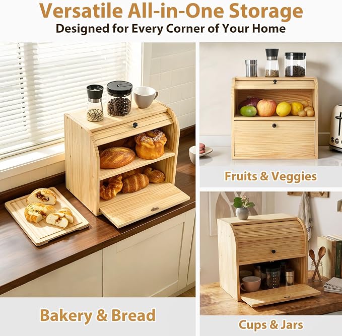 Sunhoo Wooden Bread Box for Kitchen Countertop, Roll Top Breadbox, Natural | Large Double Layer Pantry Container, Solid Wood with Cutting Board, Fresh Homemade Sourdough Bin Cabinet, Vintage Farmhouse - Image 7