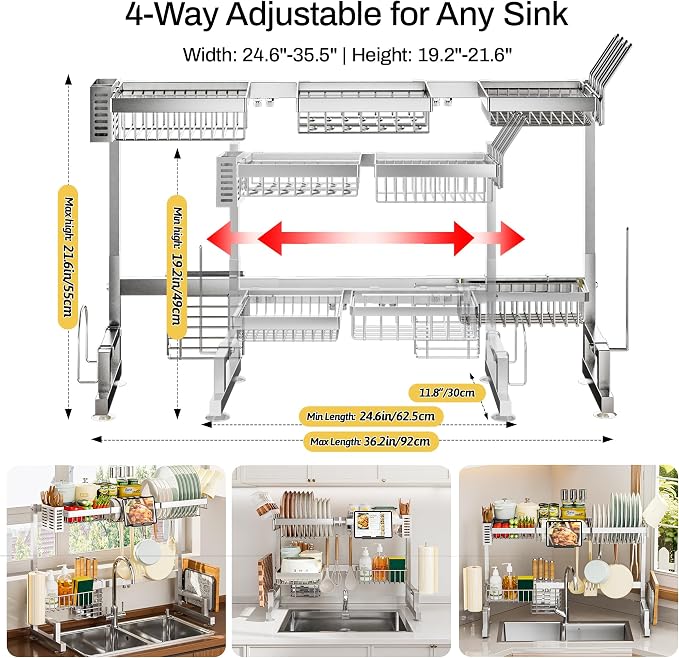 ADBIU Luxurious 304 Stainless Steel Over Sink Dish Drying Rack (Suitable for Sink Length 24.6"- 36.2") Snap-On Design 2 Tier Large Kitchen Dish Rack Stainless Steel Counter Organization and Storage - Image 2