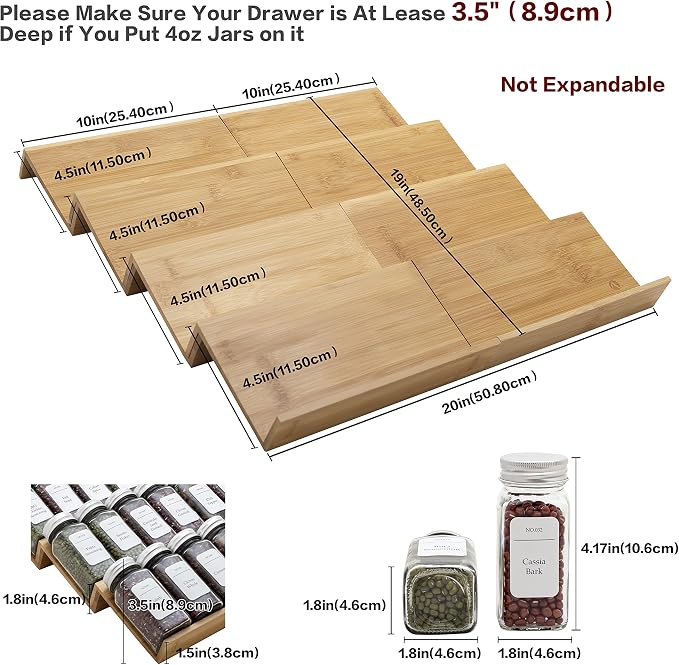 Bamboo Spice Rack Drawer Organizer - 8 Pieces Set- 10" Wide Per Piece - Combine Pieces Into 20" Wide Rack (10" or 20") - Image 4