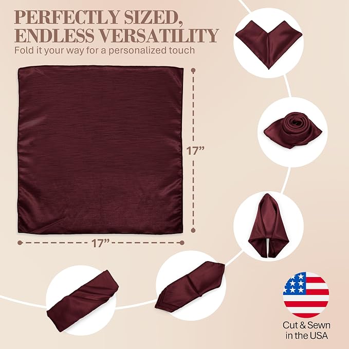 17x17-Inch Shantung Cloth Napkins, Burgundy, Set of 120 | Bulk Case of 10 Dozen, Satin, Square, 100% Polyester Fabric, Reversible, Faux Dupioni Silk Reverse Side, Machine Washable - Image 6