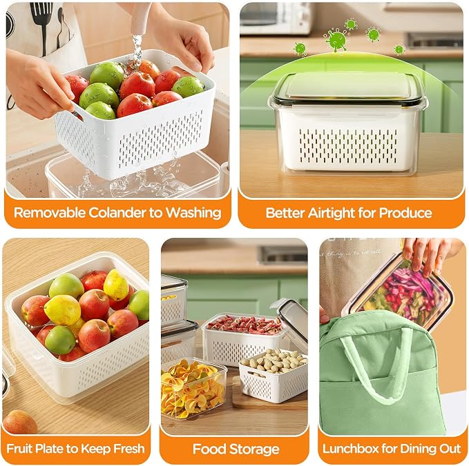 4-Pack Fruit Storage Containers for Fridge with Removable Colanders and 6 PCS Stainless Steel Mixing Bowls with 3 Grater Attachments, Kitchen Food Storage Organizers Nesting Mixing Bowl - Image 4