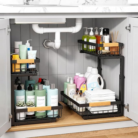 Under Sink Organizer 2 Pack, 2 Tier Pull Out Cabinet Organizers and Storage for Kitchen Bathroom Pantry Laundry, Adjustable Height, Slide Out Thickened Metal Storage Shelf (Black, 2 Pack) by Unknown