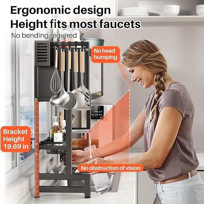 Over The Sink Dish Drainer Drying Rack 3 Tiers with Cover, Keep Kitchen Sink Shlef Organized Space-Saving Dish Drying Rack, Large Stainless Steel Sink Drying Rack for Dishes, Bowls, Cutlery (33.4"W) - Image 5