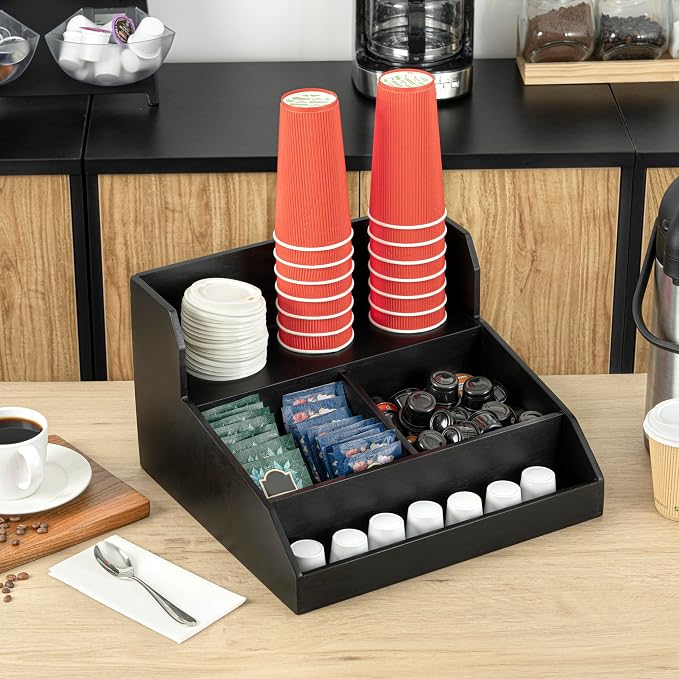 Restaurantware Coffee Cup Organizer 15 x 14.25 x 9.25 Inch Multipurpose Bamboo Condiment Holder Black Countertop Cup and Lid Organizer for Coffee Shops and Office Break Rooms - Image 3