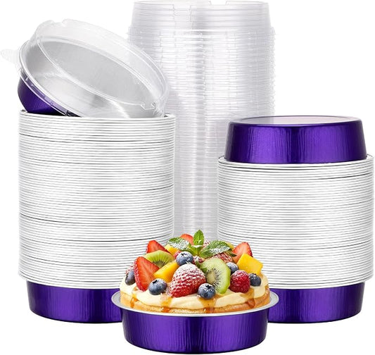 Beasea Mini Tart Pans with Lids, 120 Pack 7.3oz 4 Inch Disposable Cake Pans Aluminum Foil Pie Tart Baking Cups Tins Individual Dessert Containers Oven Dishes for Cheesecake - Violet Purple by Beasea