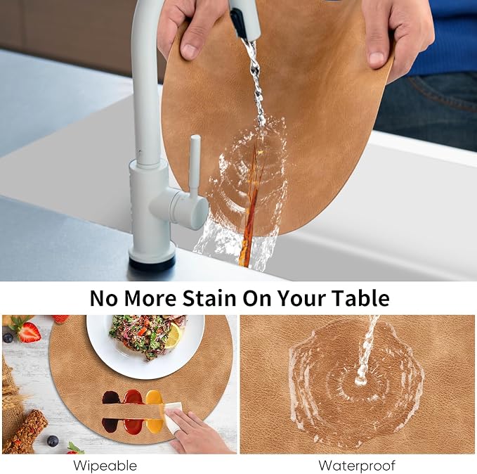 ADRIMER Placemats, Heat Resistant Round Placemats Set of 12 Washable, Waterproof Table Mats, Wipeable Faux Leather Place Mats for Kitchen, Dining Room, Camel - Image 5
