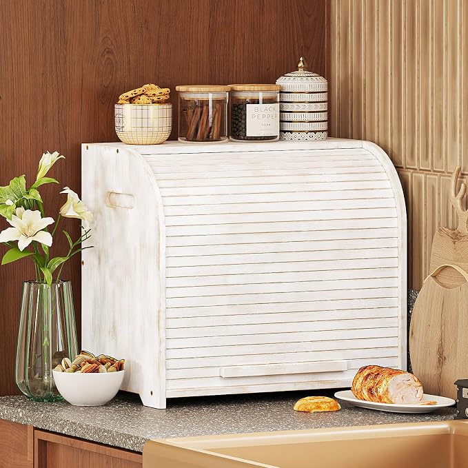 Trironsun Bamboo Roll Top Bread Box for Kitchen Countertop Large Capacity Bread Storage Bin 2 Layer Wooden Bread Storage Organizer Natural Breadbox for Food Storage (Antique White) - Image 3