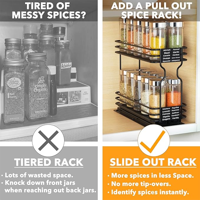 SpaceAid Pull Out Spice Rack Organizer for Cabinet, Heavy Duty Slide Out Seasoning Kitchen Organizer, Cabinet Organizer, with Labels, 4.5" W x10.75 D x8.5 H, 1 Drawer 2-Tier - Image 2