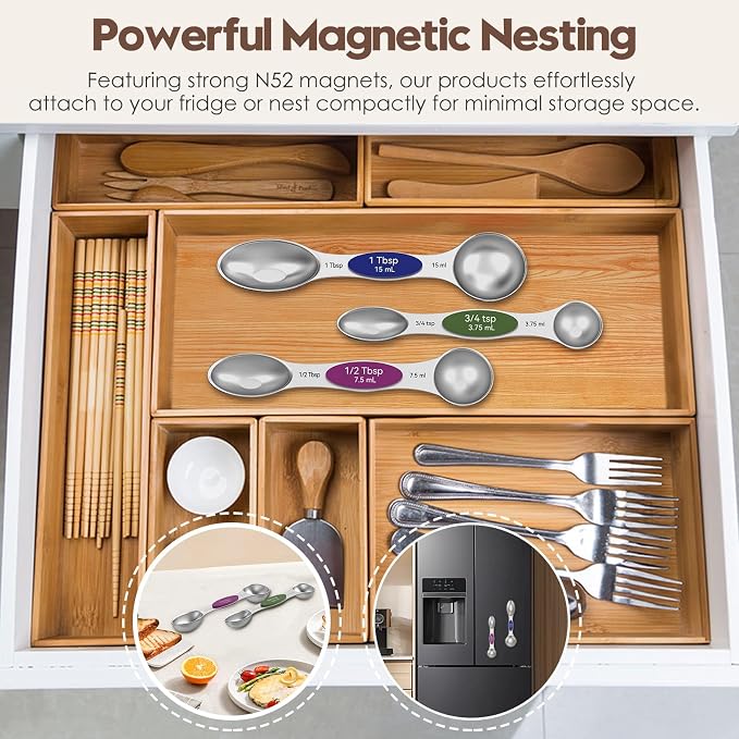 Magnetic Measuring Spoons Set with Measurement Markings | Colorful | Heavy duty 304 stainless steel spoons with strong N52 magnets & triple measurement markings for easy nesting & cleaning. - Image 6
