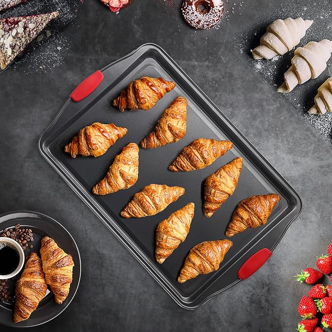 Baking Sheet, 2PC Cookie Sheet Set with Silicone Handles, Nonstick Steel Baking Pan, Baking Sheets for Oven, BPA Free Baking Pans Set, Cookie Sheets– Black Bakeware, Small & Medium - Image 8