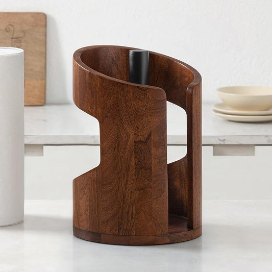 Anji Mountain Wooden Paper Towel Holder with Metal Holder, Holder Stand for Kitchen Roll Organizer & Kitchen Dining Table Home Décor, Countertop Fits Jumbo & Mega Rolls - Walnut/Black, Arc Hold by AnjiMountain