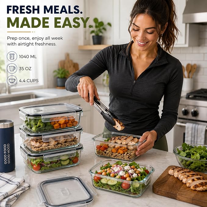 Sorbus Glass Meal Prep Containers Set – Freezer, Dishwasher, Oven Safe – Reusable Food Storage Bowls, 4 Cup Capacity for Meal Prep and Storage (4 Rectangular Vented Lid) - Image 4
